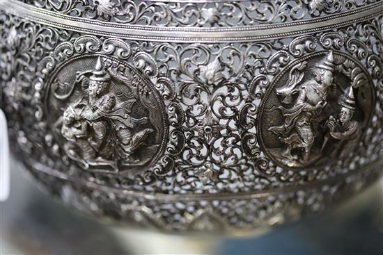 A late 19th century unusual Burmese reticulated silver bowl, 37 oz.